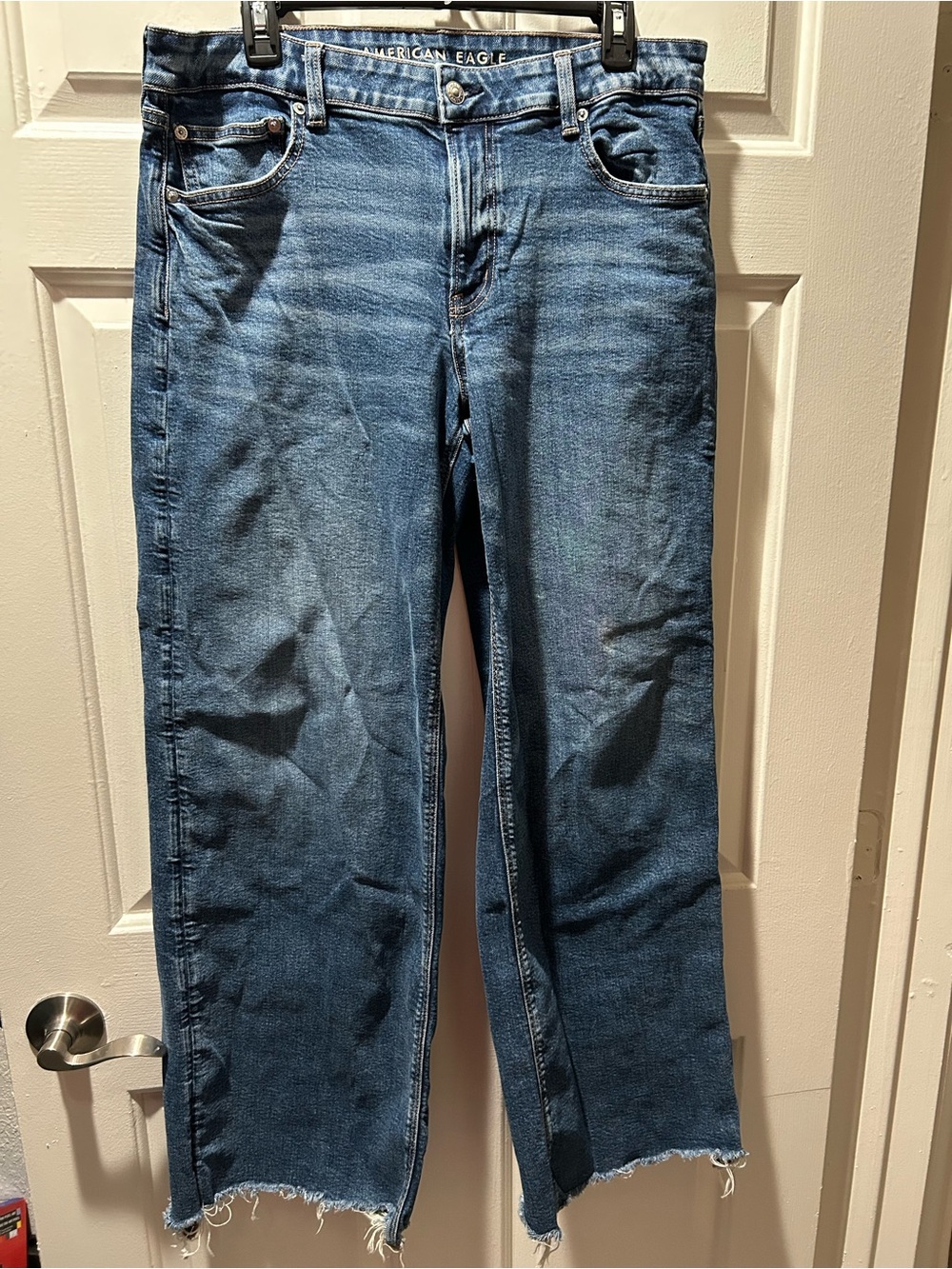 American Eagle Women’s Low Rise Baggy Wide Leg Distressed Raw Hem Blue Jeans